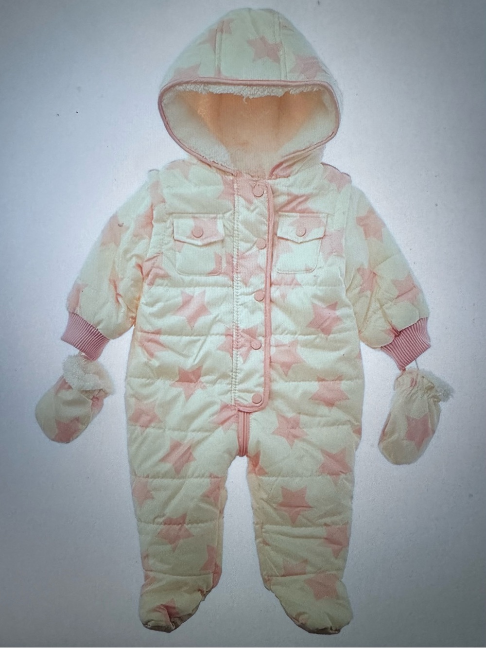 Urban Republic Baby Star-Print Quilted One-Piece Snowsuit in Light Pink & Cream